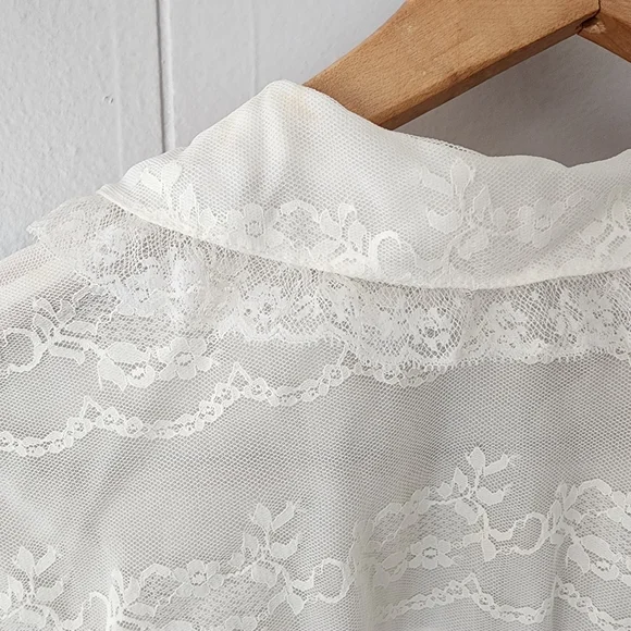 Vintage Odette Barsa Ivory Lace Peignoir Robe 1950s Sheer Blue Ribbon - Picture 12 of 15